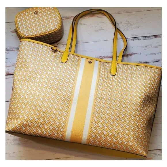 Tory Burch Bright Yellow Varsity Stripe T- Monogram Tote Bag